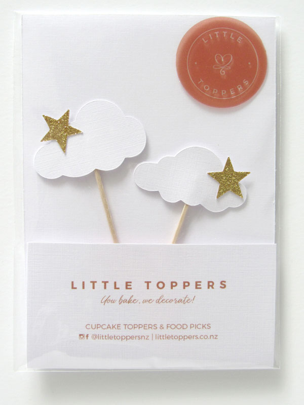 White Cloud with Gold Star Baby Shower Cupcake Toppers - Front View